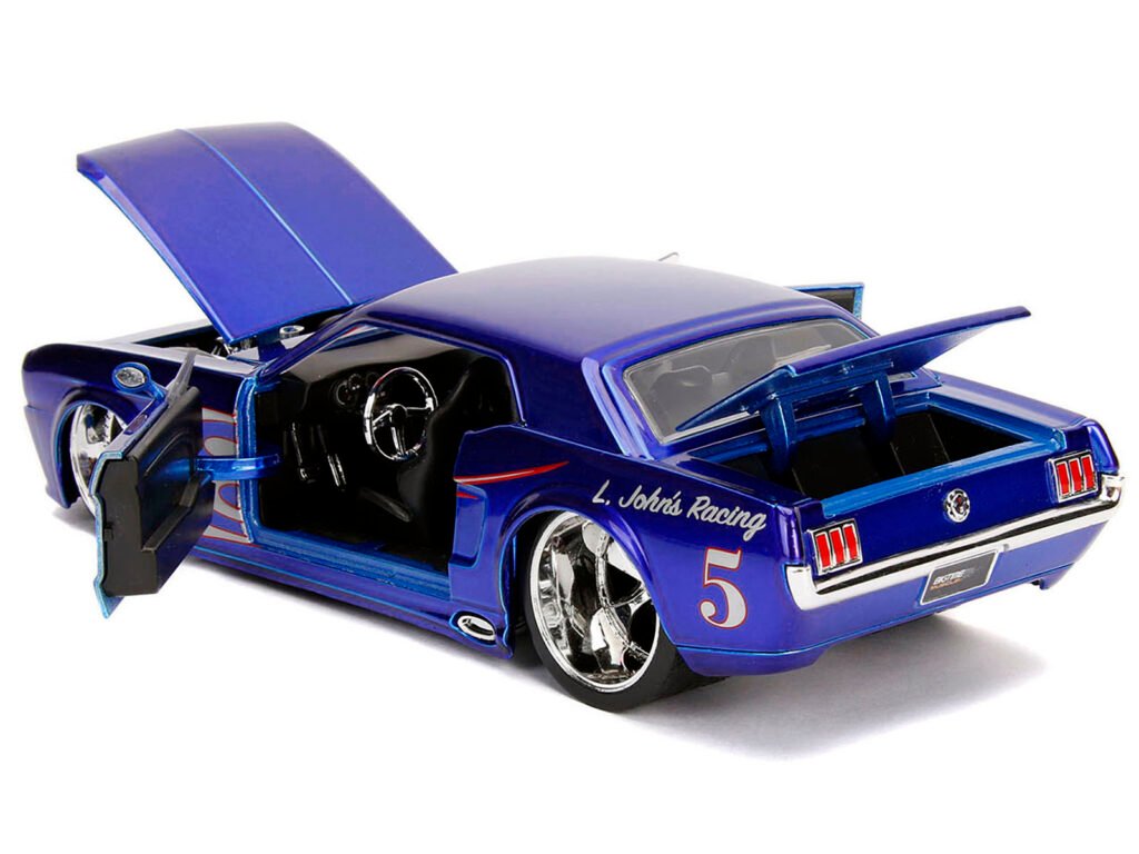 1965 Ford Mustang #5 “L. John’s Racing” Candy Blue with Flame Graphics “Bigtime Muscle” Series 1/24 Diecast Model Car by Jada