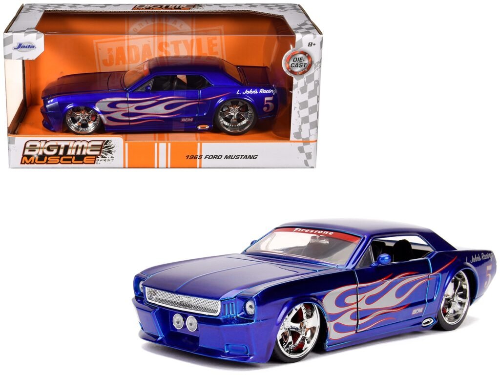 1965 Ford Mustang #5 “L. John’s Racing” Candy Blue with Flame Graphics “Bigtime Muscle” Series 1/24 Diecast Model Car by Jada