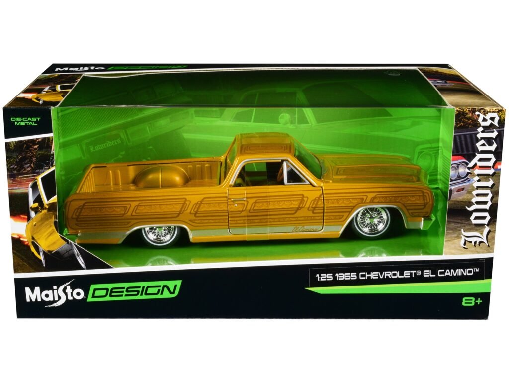 1965 Chevrolet El Camino Lowrider Gold Metallic with Graphics “Lowriders” Series 1/25 Diecast Model Car by Maisto