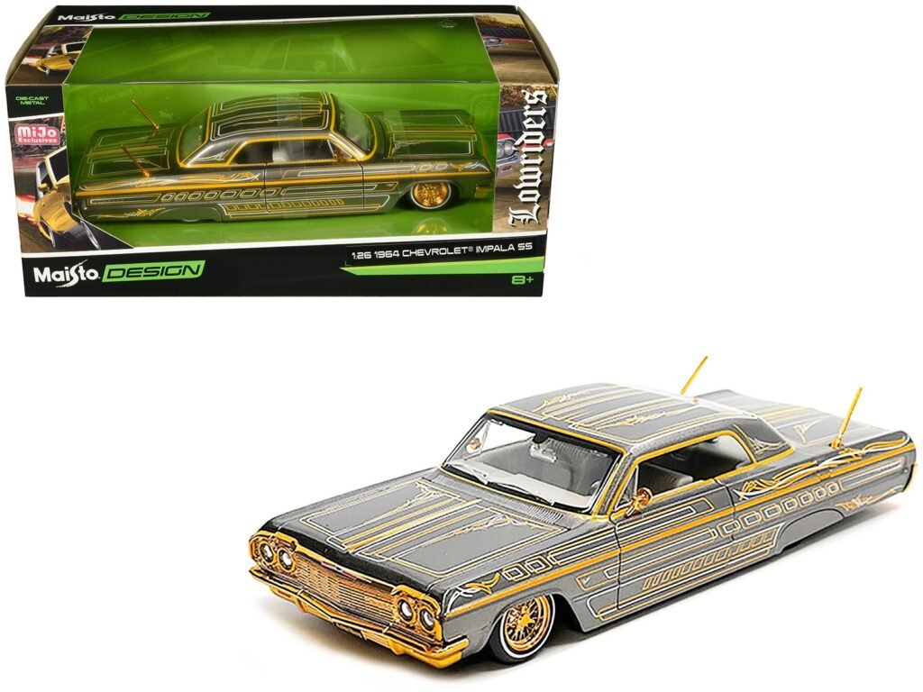 1964 Chevrolet Impala SS Lowrider Gray Metallic with Gold Graphics “Lowriders” “Maisto Design” Series 1/26 Diecast Model Car by Maisto