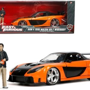 1995 Mazda RX-7 Widebody RHD (Right Hand Drive) Orange Metallic and Black with Han Diecast Figurine "The Fast and the Furious: Tokyo Drift" (2006) Movie 1/24 Diecast Model Car by Jada