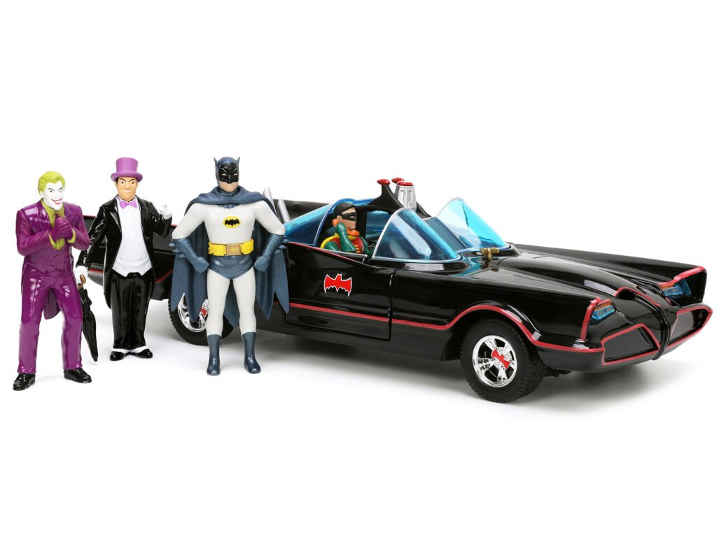 1966 Classic Batmobile with Diecast Batman The Joker The Penguin and Plastic Robin Sitting Inside The Car “Batman” TV Series (1966) “Hollywood Rides” Series 1/24 Diecast Model Car by Jada