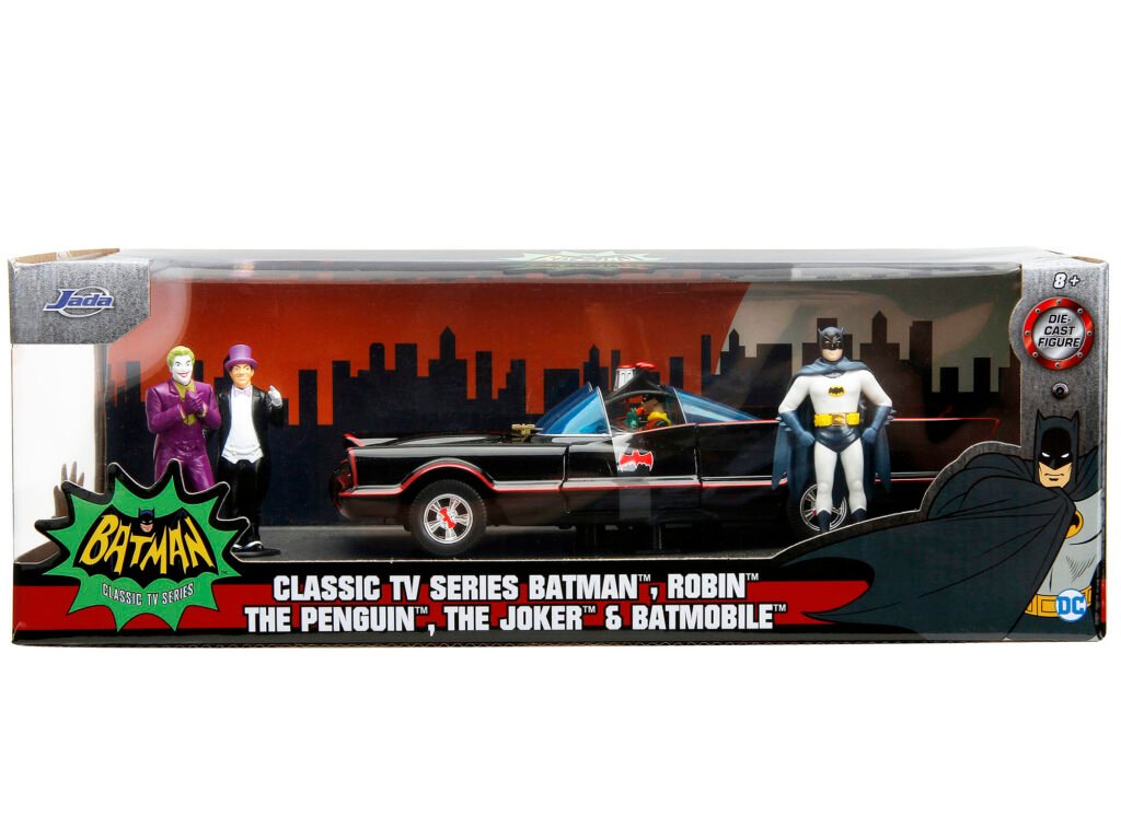 1966 Classic Batmobile with Diecast Batman The Joker The Penguin and Plastic Robin Sitting Inside The Car “Batman” TV Series (1966) “Hollywood Rides” Series 1/24 Diecast Model Car by Jada