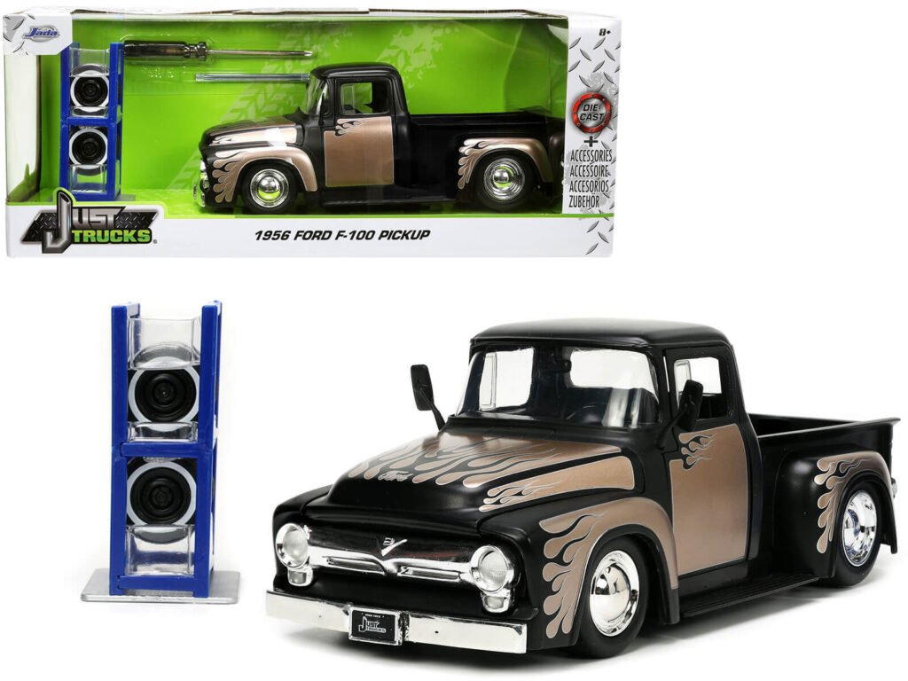 1956 Ford F-100 Pickup Truck Matt Black and Champagne with Flames with Extra Wheels “Just Trucks” Series 1/24 Diecast Model Car by Jada