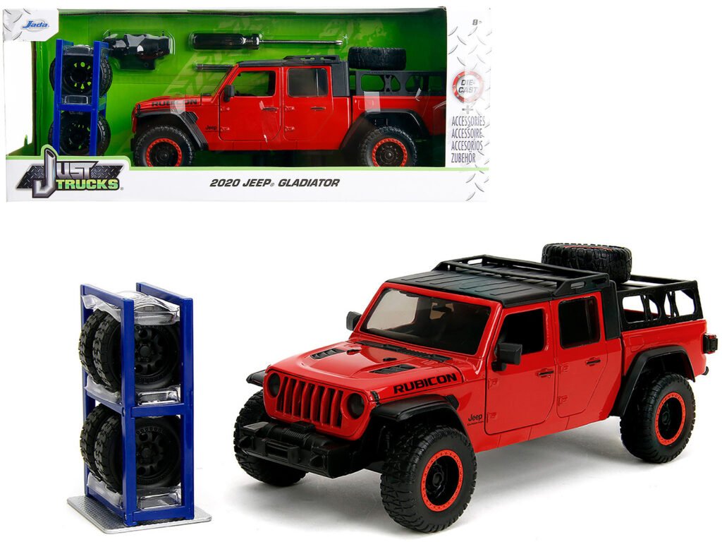 2020 Jeep Gladiator Rubicon Pickup Truck Red with Black Top and Extra Wheels “Just Trucks” Series 1/24 Diecast Model Car by Jada