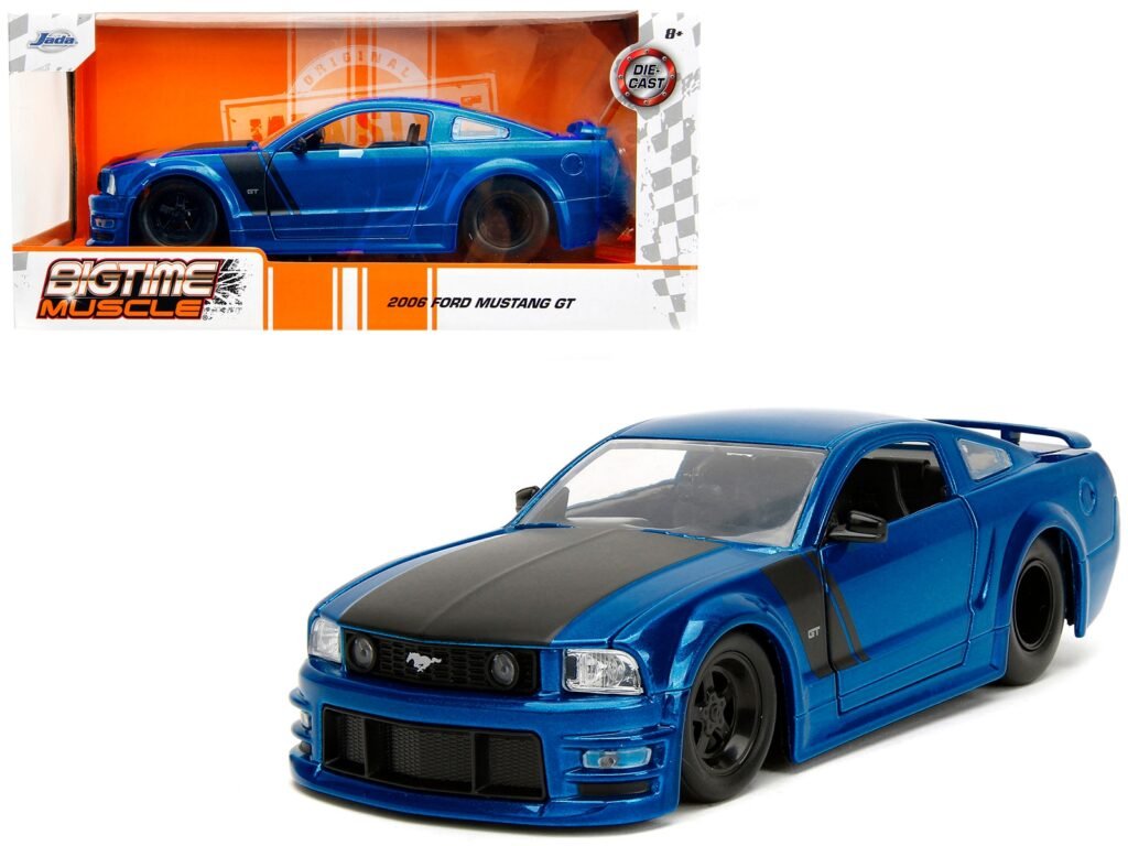 2006 Ford Mustang GT Blue Metallic with Matt Black Hood and Stripes “Bigtime Muscle” Series 1/24 Diecast Model Car by Jada