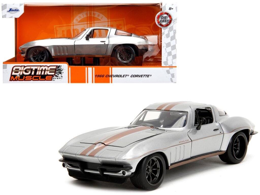1966 Chevrolet Corvette Silver Metallic with Bronze Stripes “Bigtime Muscle” Series 1/24 Diecast Model Car by Jada