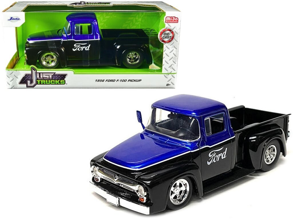 1956 Ford F-100 Pickup Truck Black and Blue Metallic with Ford Graphics “Just Trucks” Series 1/24 Diecast Model Car by Jada