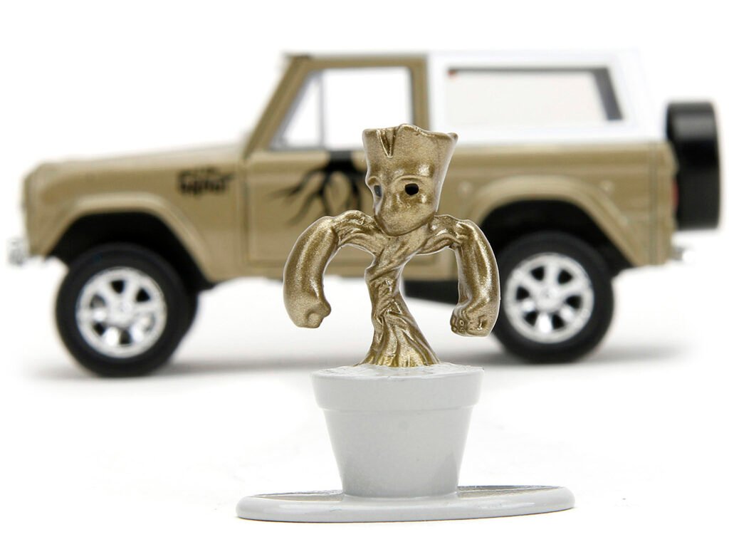 1973 Ford Bronco Gold Metallic with White Top and Groot Diecast Figure “Guardians of the Galaxy” “Marvel” Series 1/32 Diecast Model Car by Jada