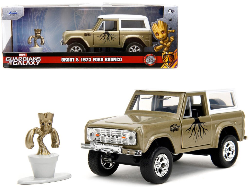 1973 Ford Bronco Gold Metallic with White Top and Groot Diecast Figure “Guardians of the Galaxy” “Marvel” Series 1/32 Diecast Model Car by Jada