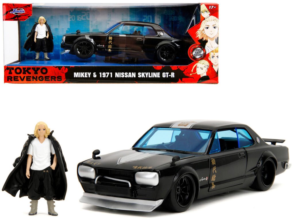 1971 Nissan Skyline GT-R RHD (Right Hand Drive) Black with Silver Stripe and Mikey Diecast Figure “Tokyo Revengers” (2021) TV Series “Anime Hollywood Rides” Series 1/24 Diecast Model Car by Jada