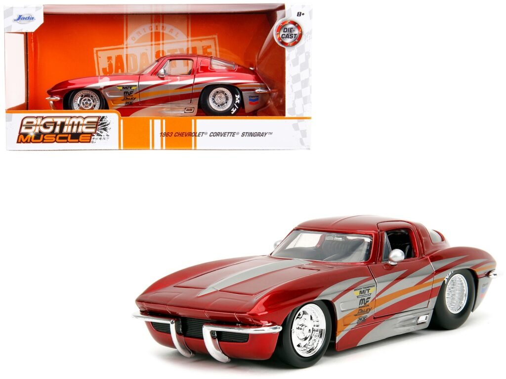 1963 Chevrolet Corvette Stingray Red Metallic with Silver Graphics “Bigtime Muscle” Series 1/24 Diecast Model Car by Jada