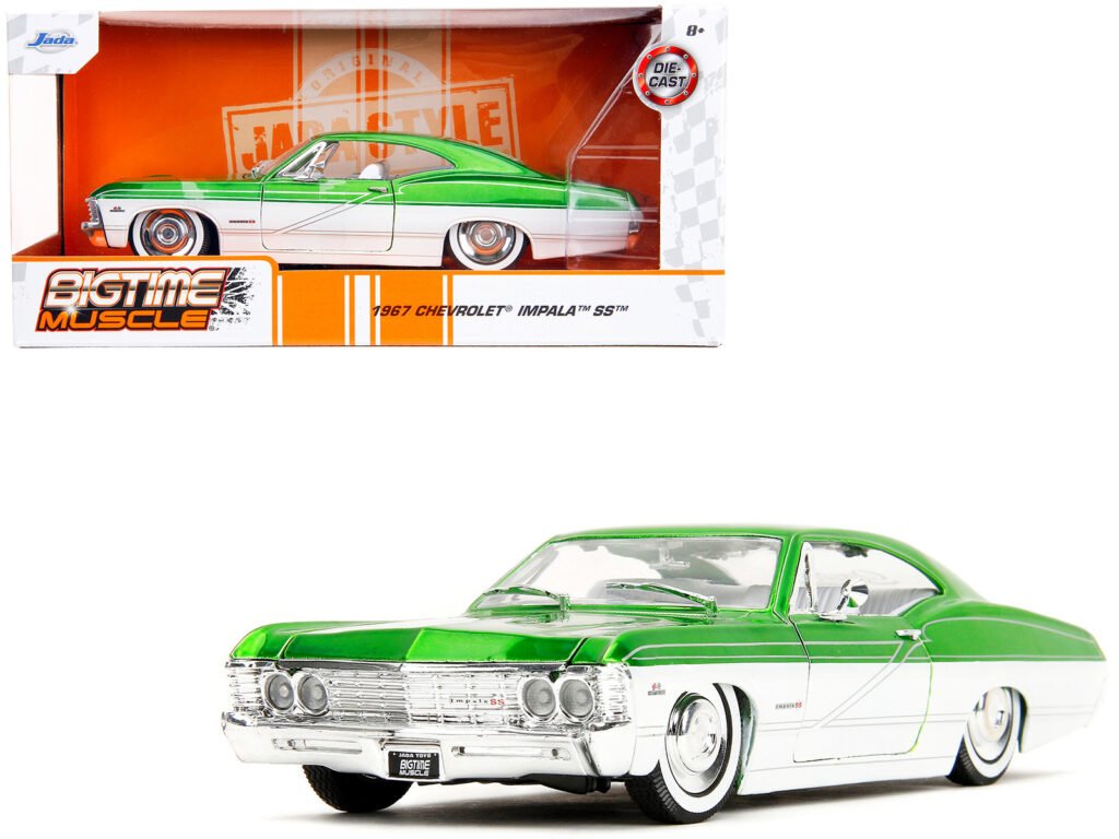 1967 Chevrolet Impala SS Green Metallic and White with White Interior “Bigtime Muscle” Series 1/24 Diecast Model Car by Jada