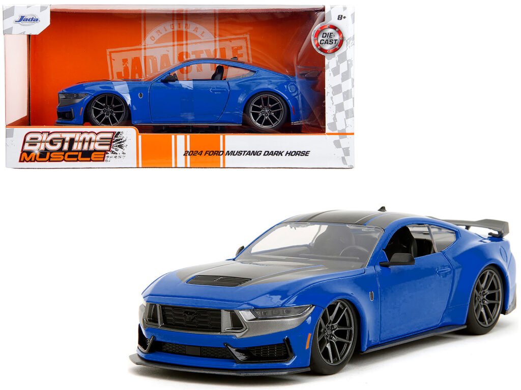 2024 Ford Mustang Dark Horse Blue Metallic with Black and Gray Stripes “Bigtime Muscle” Series 1/24 Diecast Model Car by Jada