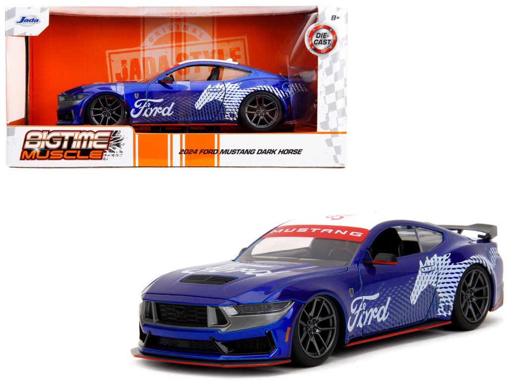2024 Ford Mustang Dark Horse Candy Blue with White Top and “Mustang Horse Graphics” “Bigtime Muscle” Series 1/24 Diecast Model Car by Jada