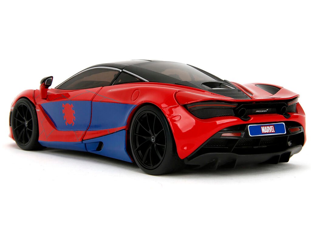 McLaren 720S Red and Blue with Black Top and Graphics and Spider-Man Diecast Figure “Marvel Spider-Man” “Hollywood Rides” Series 1/24 Diecast Model Car by Jada