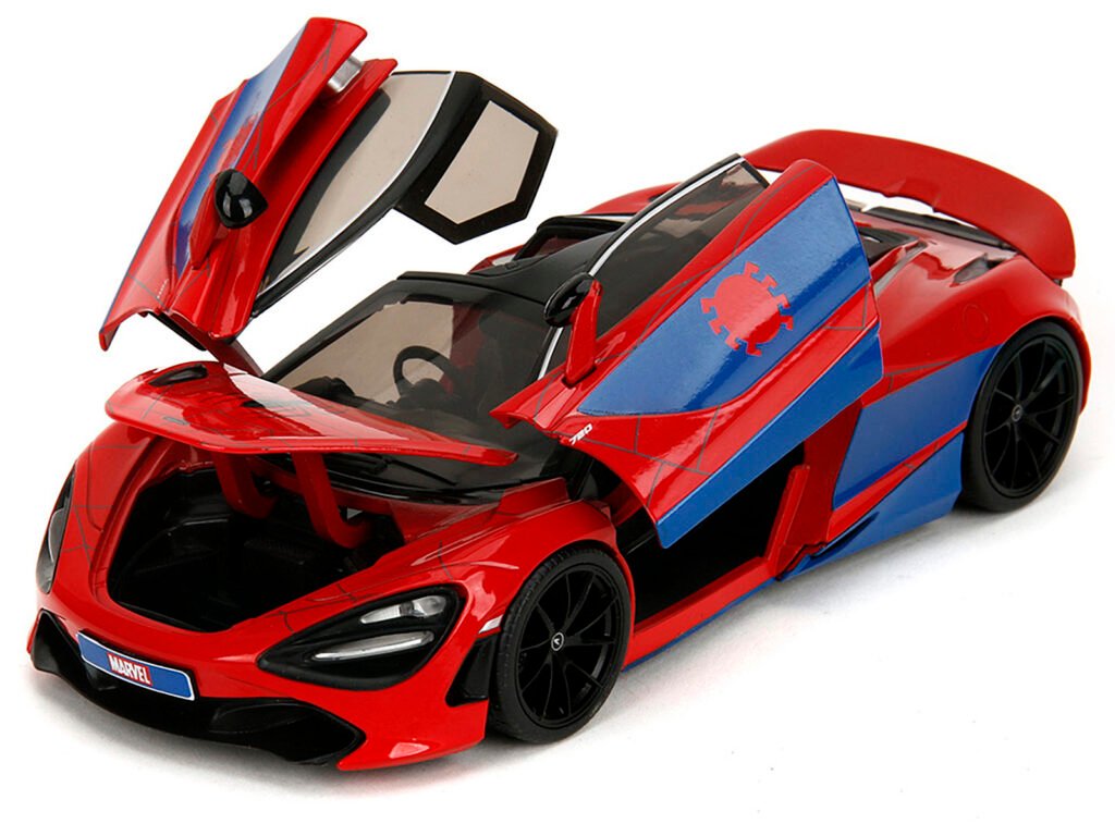 McLaren 720S Red and Blue with Black Top and Graphics and Spider-Man Diecast Figure “Marvel Spider-Man” “Hollywood Rides” Series 1/24 Diecast Model Car by Jada