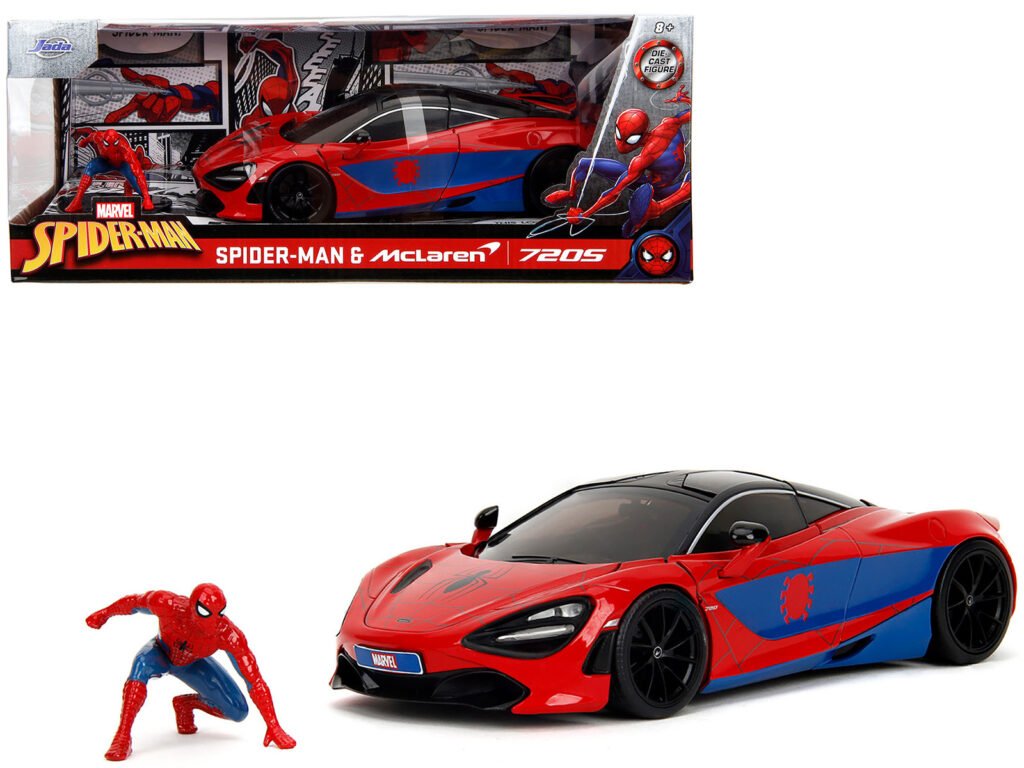 McLaren 720S Red and Blue with Black Top and Graphics and Spider-Man Diecast Figure “Marvel Spider-Man” “Hollywood Rides” Series 1/24 Diecast Model Car by Jada