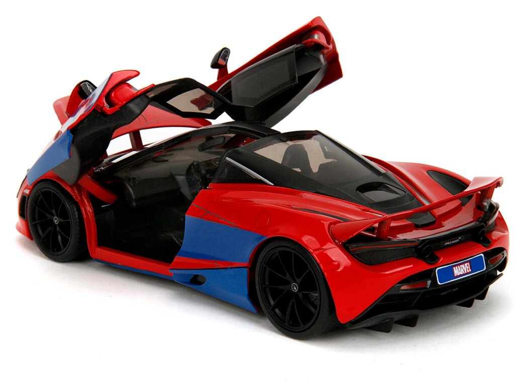 McLaren 720S Red and Blue with Black Top and Graphics and Spider-Man Diecast Figure “Marvel Spider-Man” “Hollywood Rides” Series 1/24 Diecast Model Car by Jada
