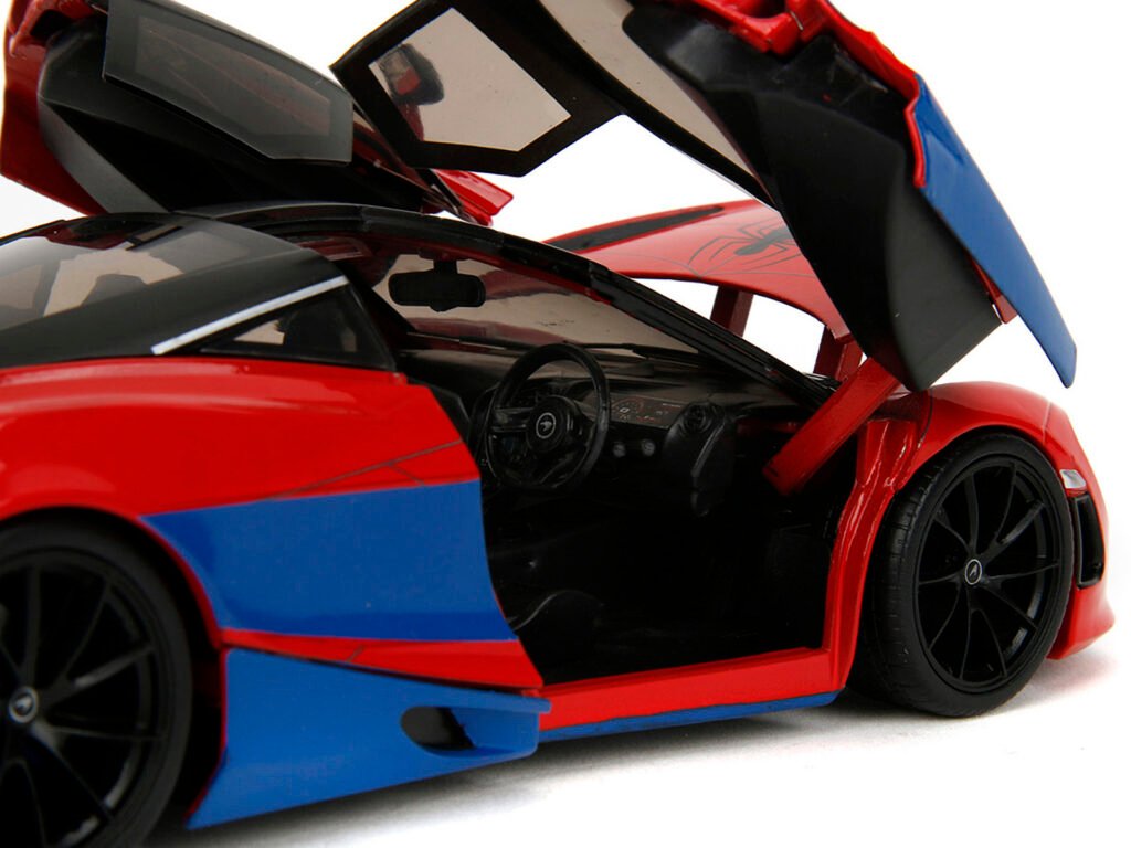 McLaren 720S Red and Blue with Black Top and Graphics and Spider-Man Diecast Figure “Marvel Spider-Man” “Hollywood Rides” Series 1/24 Diecast Model Car by Jada