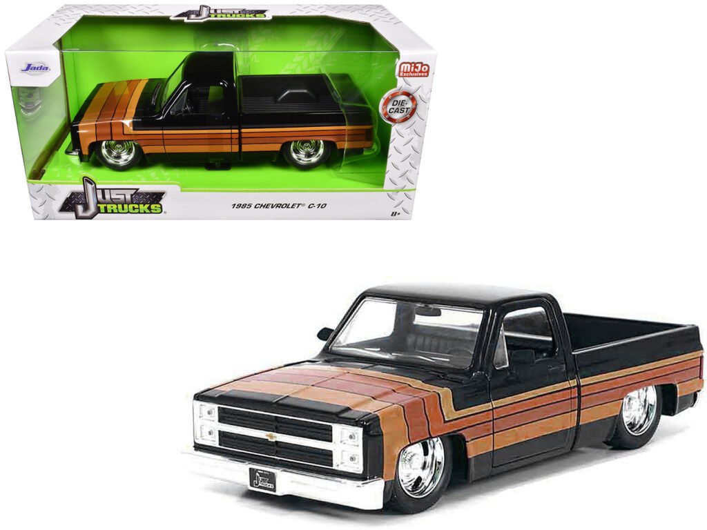 1985 Chevrolet C-10 Pickup Truck Black with Stripes and GM Rally Wheels “Just Trucks” Series 1/24 Diecast Model Car by Jada