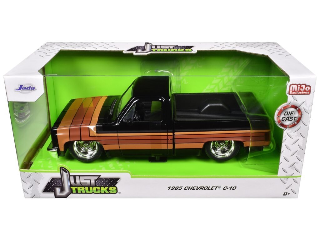 1985 Chevrolet C-10 Pickup Truck Black with Stripes and GM Rally Wheels “Just Trucks” Series 1/24 Diecast Model Car by Jada