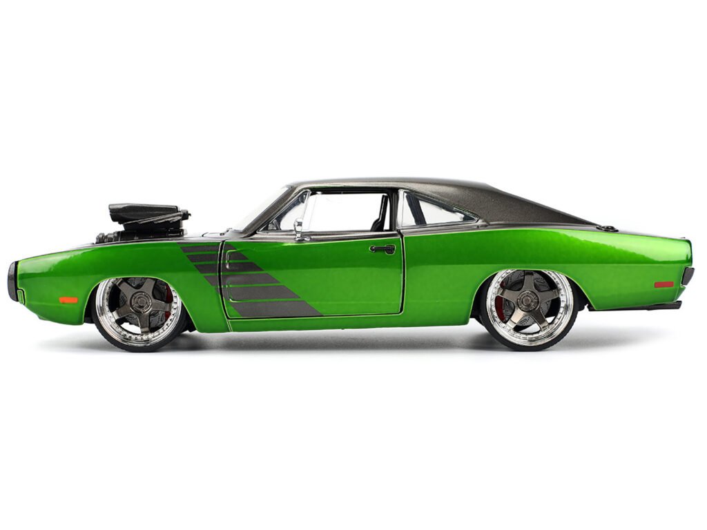 1970 Dodge Charger R/T Dark Gray Metallic and Green Metallic with Dark Gray Stripes “Bigtime Muscle” Series 1/24 Diecast Model Car by Jada