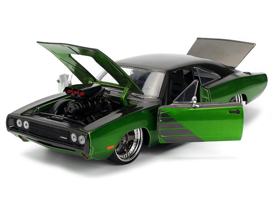 1970 Dodge Charger R/T Dark Gray Metallic and Green Metallic with Dark Gray Stripes “Bigtime Muscle” Series 1/24 Diecast Model Car by Jada