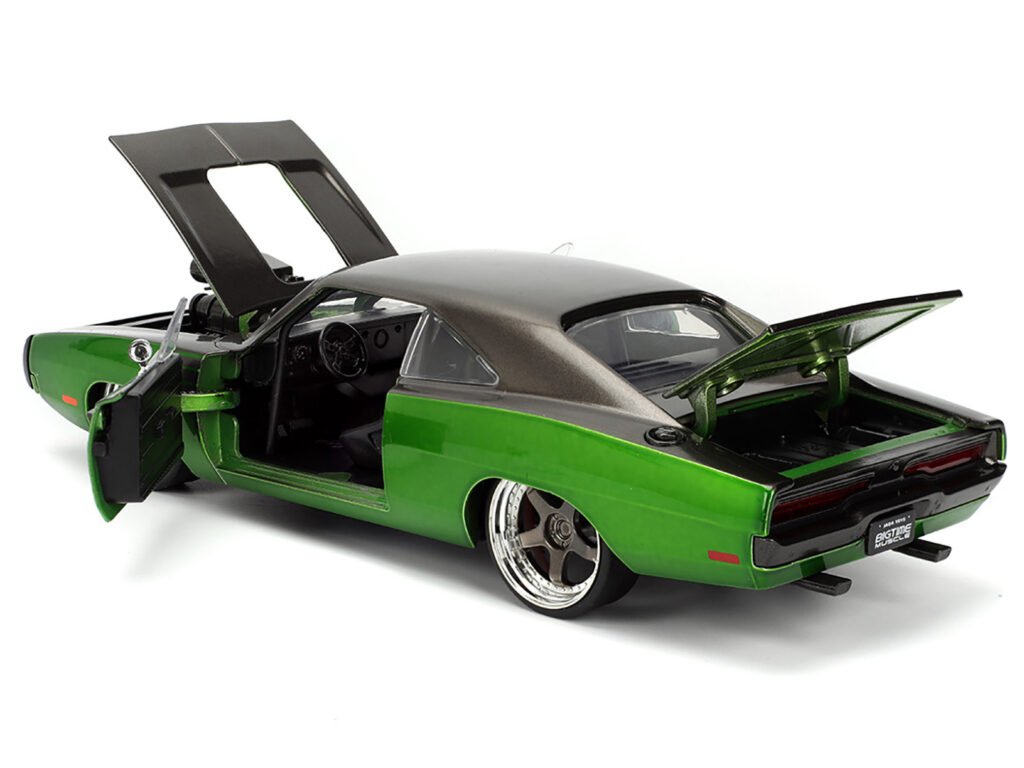 1970 Dodge Charger R/T Dark Gray Metallic and Green Metallic with Dark Gray Stripes “Bigtime Muscle” Series 1/24 Diecast Model Car by Jada