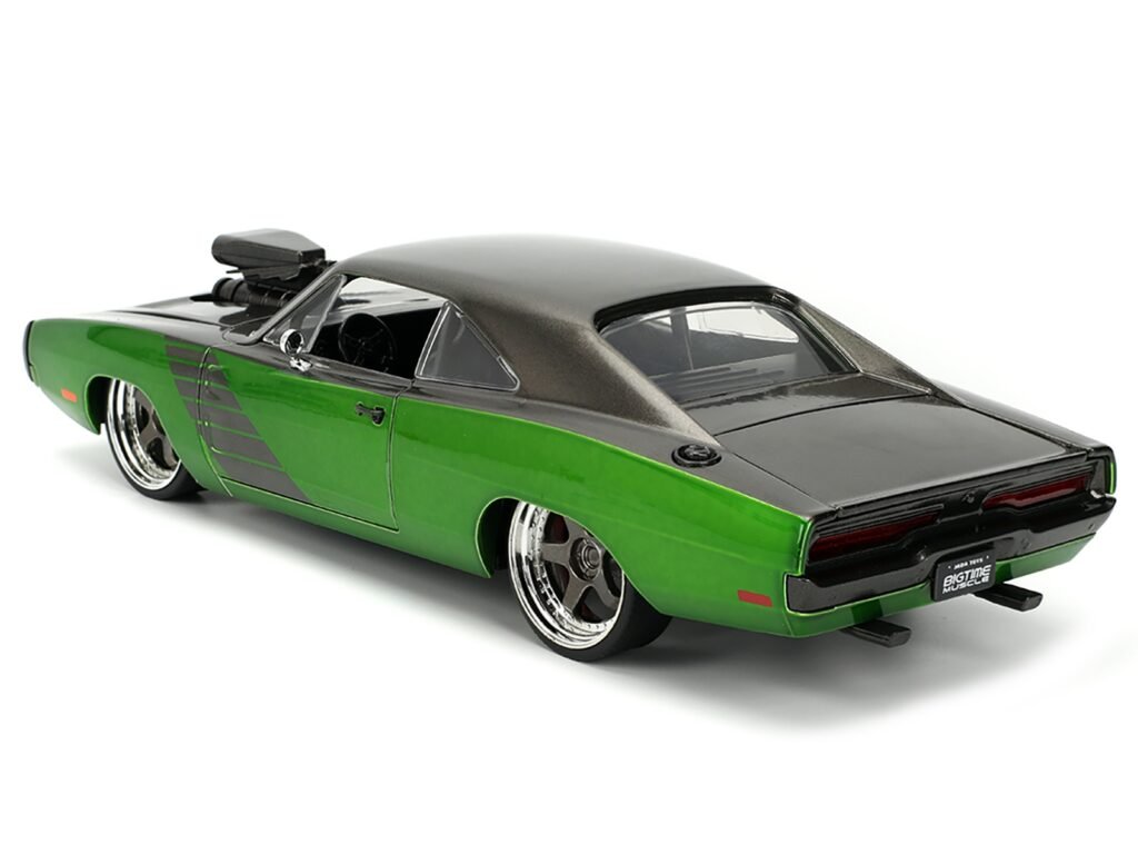 1970 Dodge Charger R/T Dark Gray Metallic and Green Metallic with Dark Gray Stripes “Bigtime Muscle” Series 1/24 Diecast Model Car by Jada