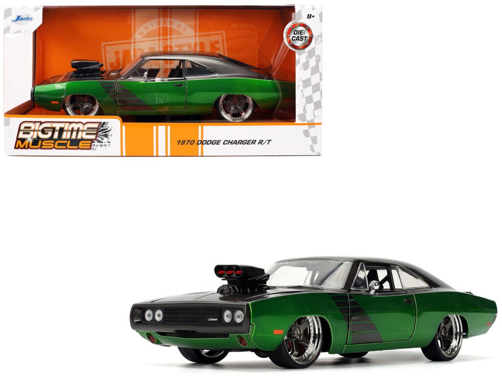 1970 Dodge Charger R/T Dark Gray Metallic and Green Metallic with Dark Gray Stripes “Bigtime Muscle” Series 1/24 Diecast Model Car by Jada