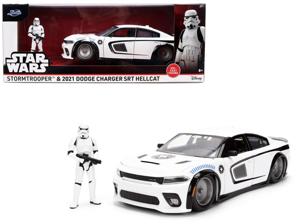 2021 Dodge Charger SRT Hellcat White with Graphics and Stormtrooper Figure “Star Wars” Franchise “Hollywood Rides” Series 1/24 Diecast Model Car by Jada