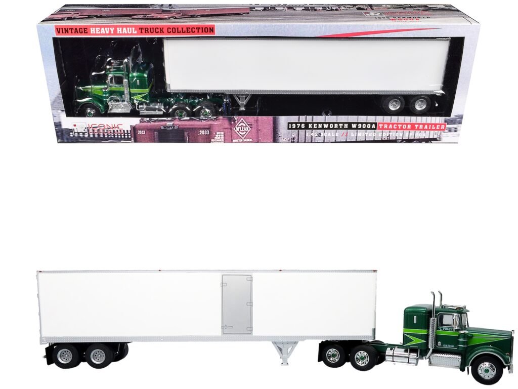1976 Kenworth W900A Tractor with Dry Goods Trailer Green Metallic with Light Green Graphics “Vintage Heavy Haul Truck Collection” 1/43 Diecast Model by Iconic Replicas