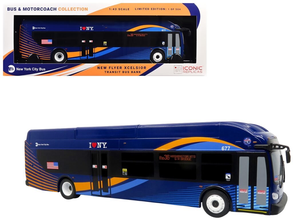 New Flyer Xcelsior Transit Bus Bank “MTA New York City” Blue with Graphics “The Bus & Motorcoach Collection” Limited Edition to 504 Pieces Worldwide 1/43 Model by Iconic Replicas