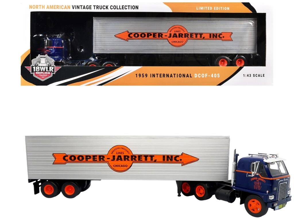 1959 International DCOF-405 Truck with Box Trailer “Cooper Jarrett Inc.” Dark Blue with Orange Stripes “North American Vintage Truck Collection” 1/43 Diecast Model by Iconic Replicas
