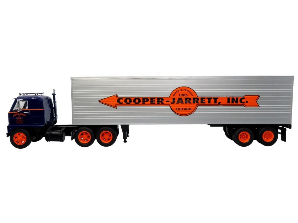 1959 International DCOF-405 Truck with Box Trailer “Cooper Jarrett Inc.” Dark Blue with Orange Stripes “North American Vintage Truck Collection” 1/43 Diecast Model by Iconic Replicas