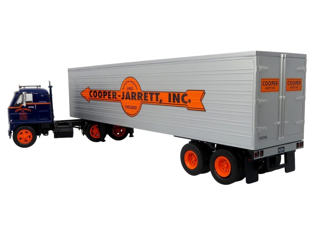 1959 International DCOF-405 Truck with Box Trailer “Cooper Jarrett Inc.” Dark Blue with Orange Stripes “North American Vintage Truck Collection” 1/43 Diecast Model by Iconic Replicas