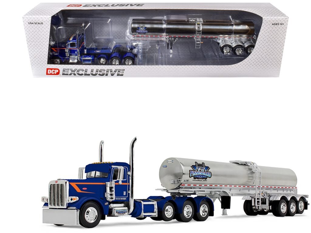 Peterbilt 389 Tri-Axle Day Cab and Walker Food Grade Tank Trailer “Finnesgard Trucking” Blue with Orange Stripes 1/64 Diecast Model by DCP/First Gear
