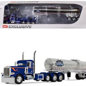 Peterbilt 389 Tri-Axle Day Cab and Walker Food Grade Tank Trailer "Finnesgard Trucking" Blue with Orange Stripes 1/64 Diecast Model by DCP/First Gear