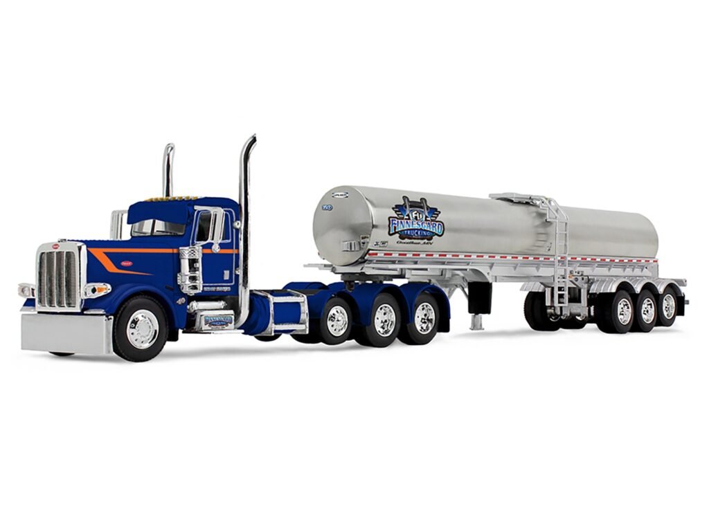 Peterbilt 389 Tri-Axle Day Cab and Walker Food Grade Tank Trailer “Finnesgard Trucking” Blue with Orange Stripes 1/64 Diecast Model by DCP/First Gear