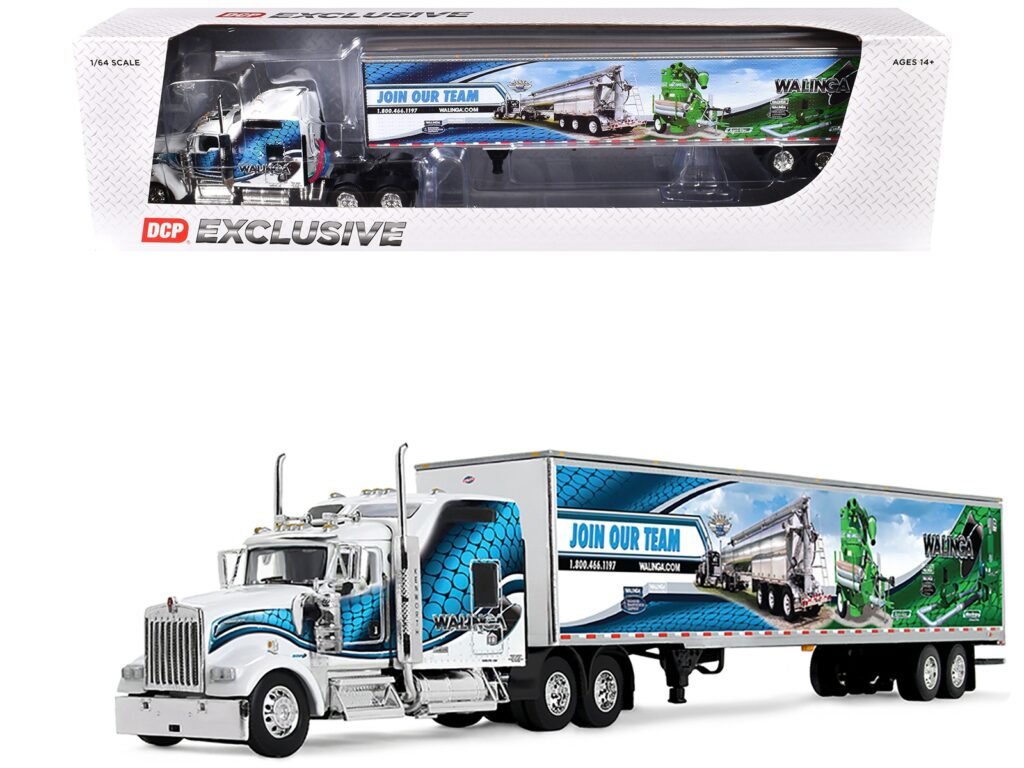 Kenworth W900L with 86″ Studio Sleeper and 53′ Utility Trailer with Skirts “Walinga” White with Blue Graphics 1/64 Diecast Model by DCP/First Gear
