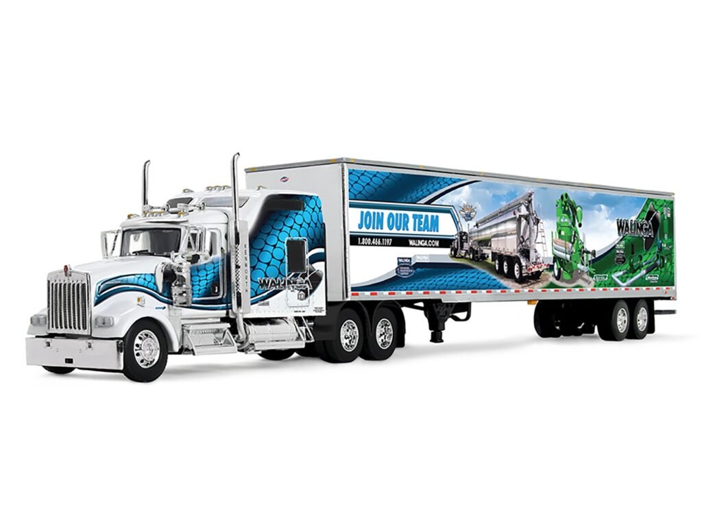 Kenworth W900L with 86″ Studio Sleeper and 53′ Utility Trailer with Skirts “Walinga” White with Blue Graphics 1/64 Diecast Model by DCP/First Gear