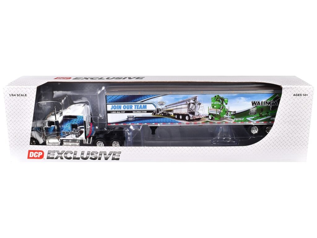 Kenworth W900L with 86″ Studio Sleeper and 53′ Utility Trailer with Skirts “Walinga” White with Blue Graphics 1/64 Diecast Model by DCP/First Gear