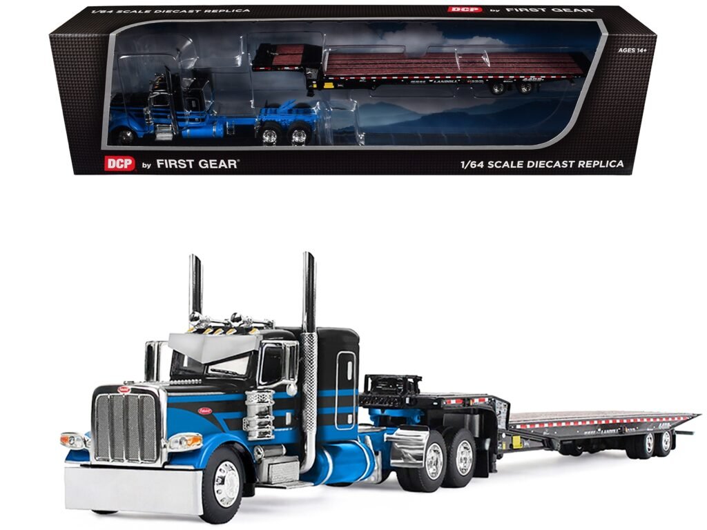 Peterbilt 389 with 48″ Flat Top Sleeper and Landoll 440B-50CA Traveling Axle Trailer Black with Blue Stripes 1/64 Diecast Model by DCP/First Gear