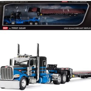 Peterbilt 389 with 48" Flat Top Sleeper and Landoll 440B-50CA Traveling Axle Trailer Black with Blue Stripes 1/64 Diecast Model by DCP/First Gear