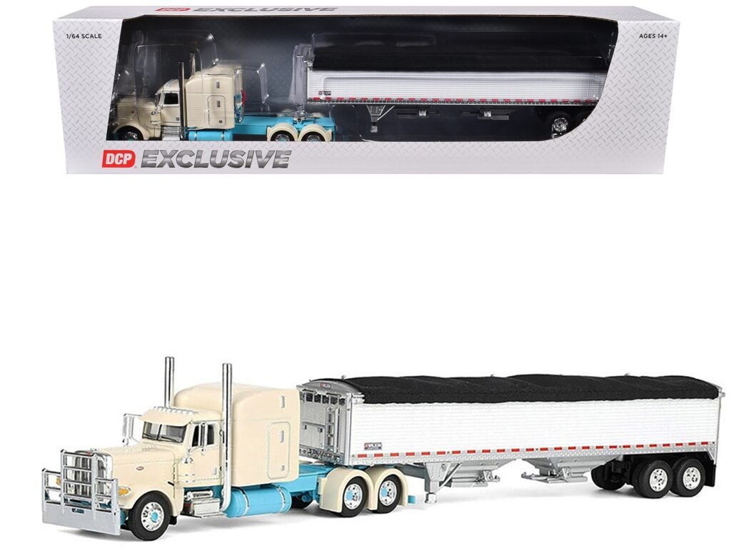 Peterbilt 389 with 63″ Mid-Roof Sleeper and 43′ Wilson Pacesetter High Sided Grain Trailer “Capitola Trucking” Cream 1/64 Diecast Model by DCP/First Gear