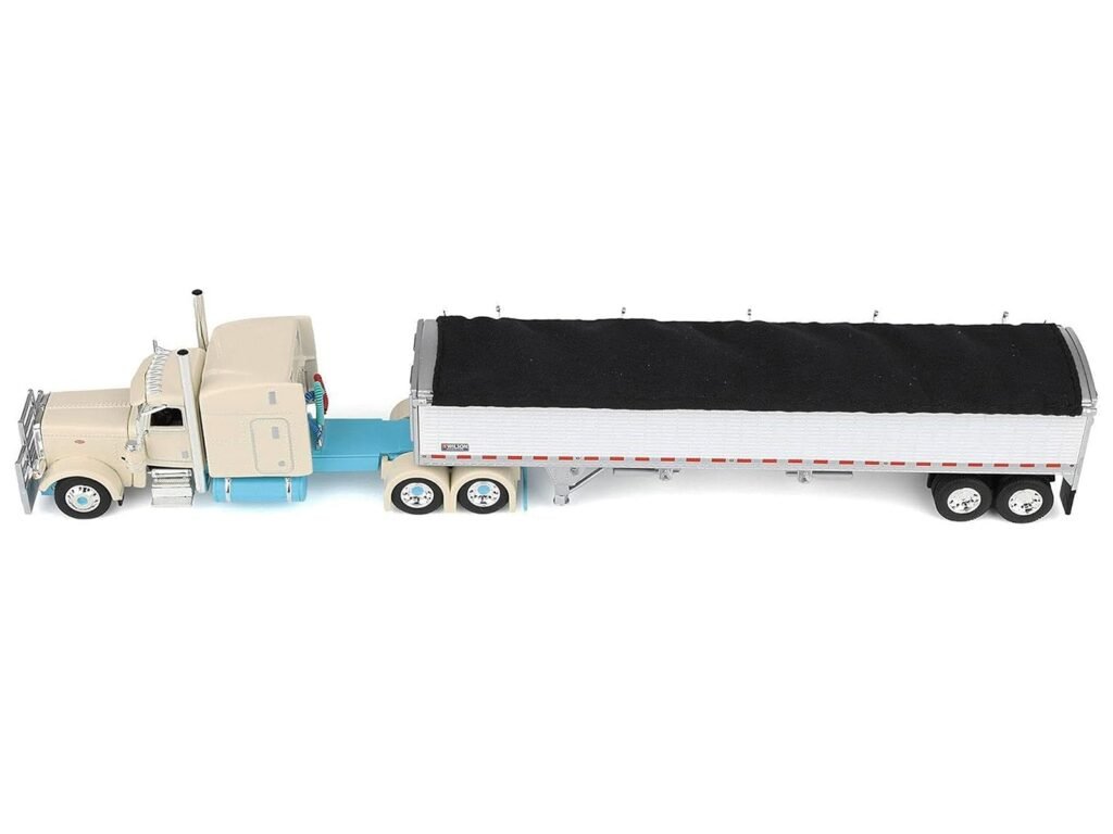 Peterbilt 389 with 63″ Mid-Roof Sleeper and 43′ Wilson Pacesetter High Sided Grain Trailer “Capitola Trucking” Cream 1/64 Diecast Model by DCP/First Gear