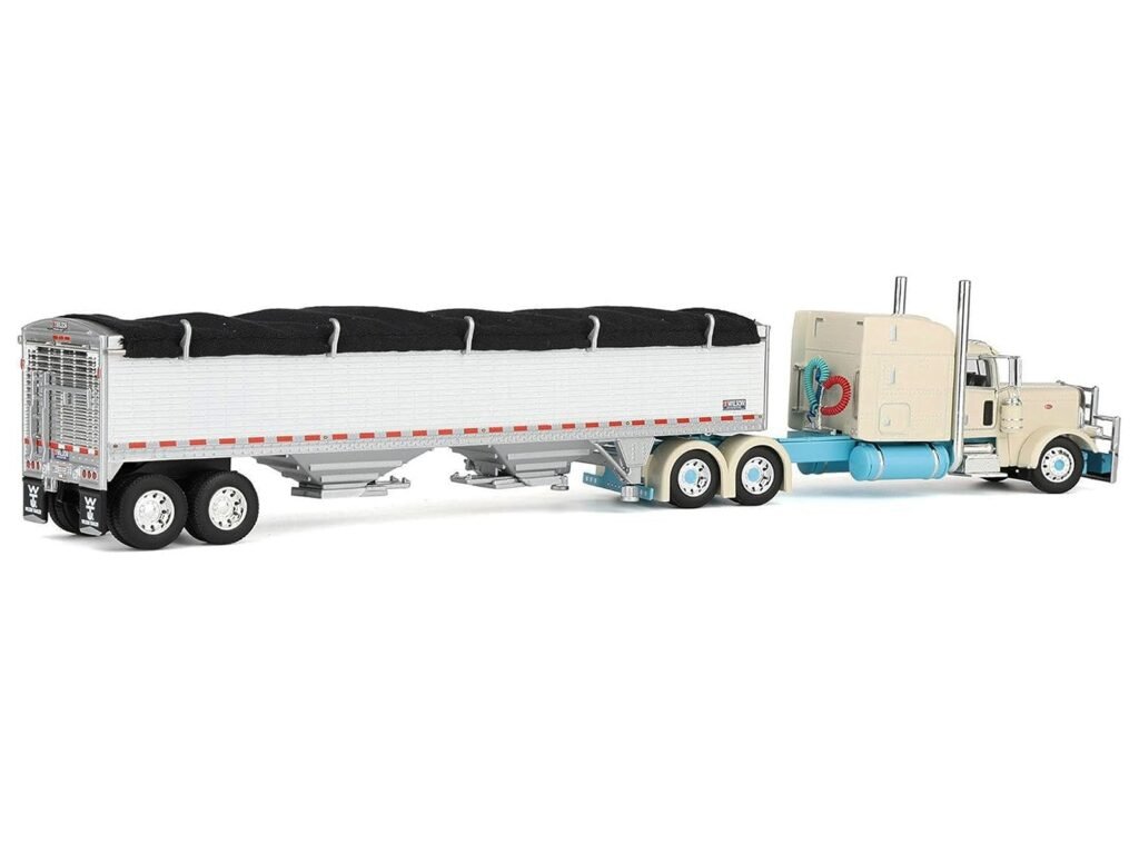 Peterbilt 389 with 63″ Mid-Roof Sleeper and 43′ Wilson Pacesetter High Sided Grain Trailer “Capitola Trucking” Cream 1/64 Diecast Model by DCP/First Gear