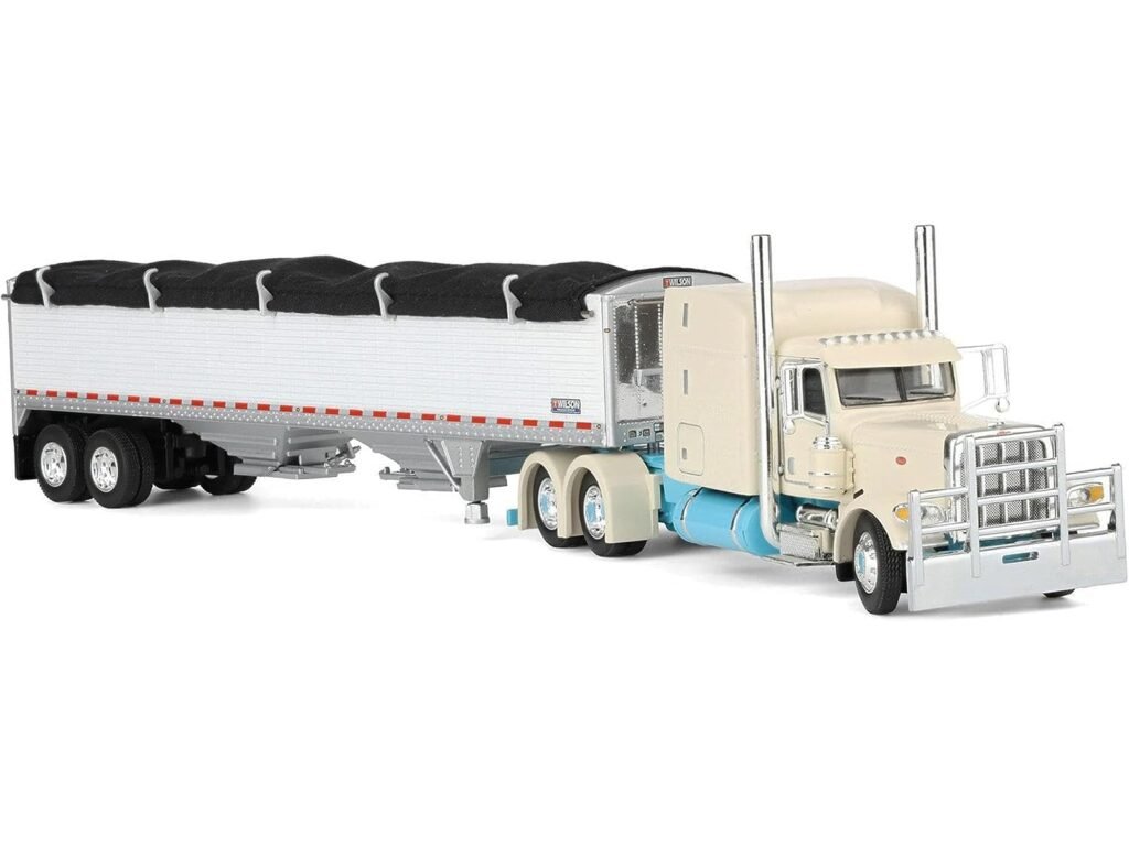 Peterbilt 389 with 63″ Mid-Roof Sleeper and 43′ Wilson Pacesetter High Sided Grain Trailer “Capitola Trucking” Cream 1/64 Diecast Model by DCP/First Gear