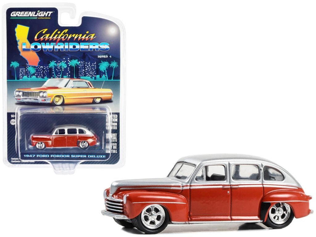 1947 Ford Fordor Super Deluxe Lowrider Red and Silver Metallic “California Lowriders” Series 4 1/64 Diecast Model Car by Greenlight